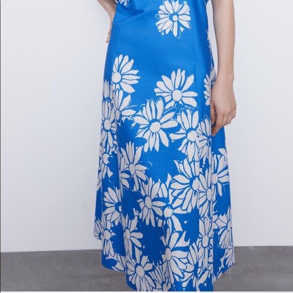 NEW ZARA 100% Cotton Flower Printed Blue Ruffle Dress - Picture 3 of 14